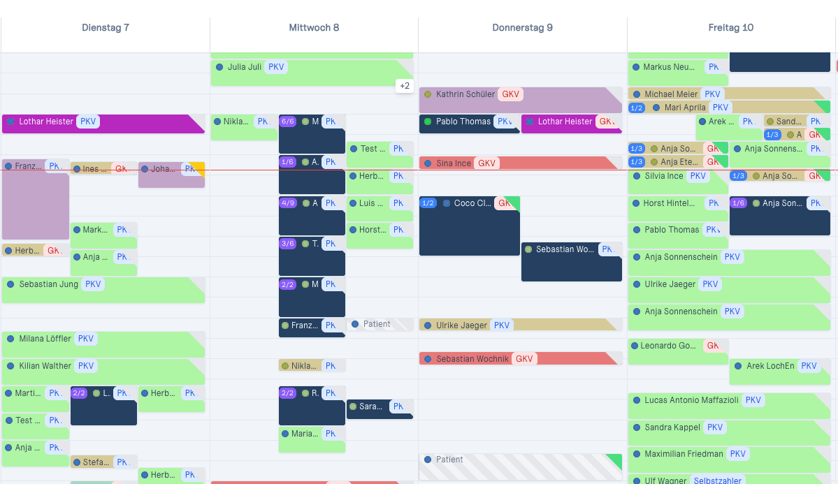 Praxiskalender in ETERNO Cloud mit Terminen in Tagesspalten je Behandler:in