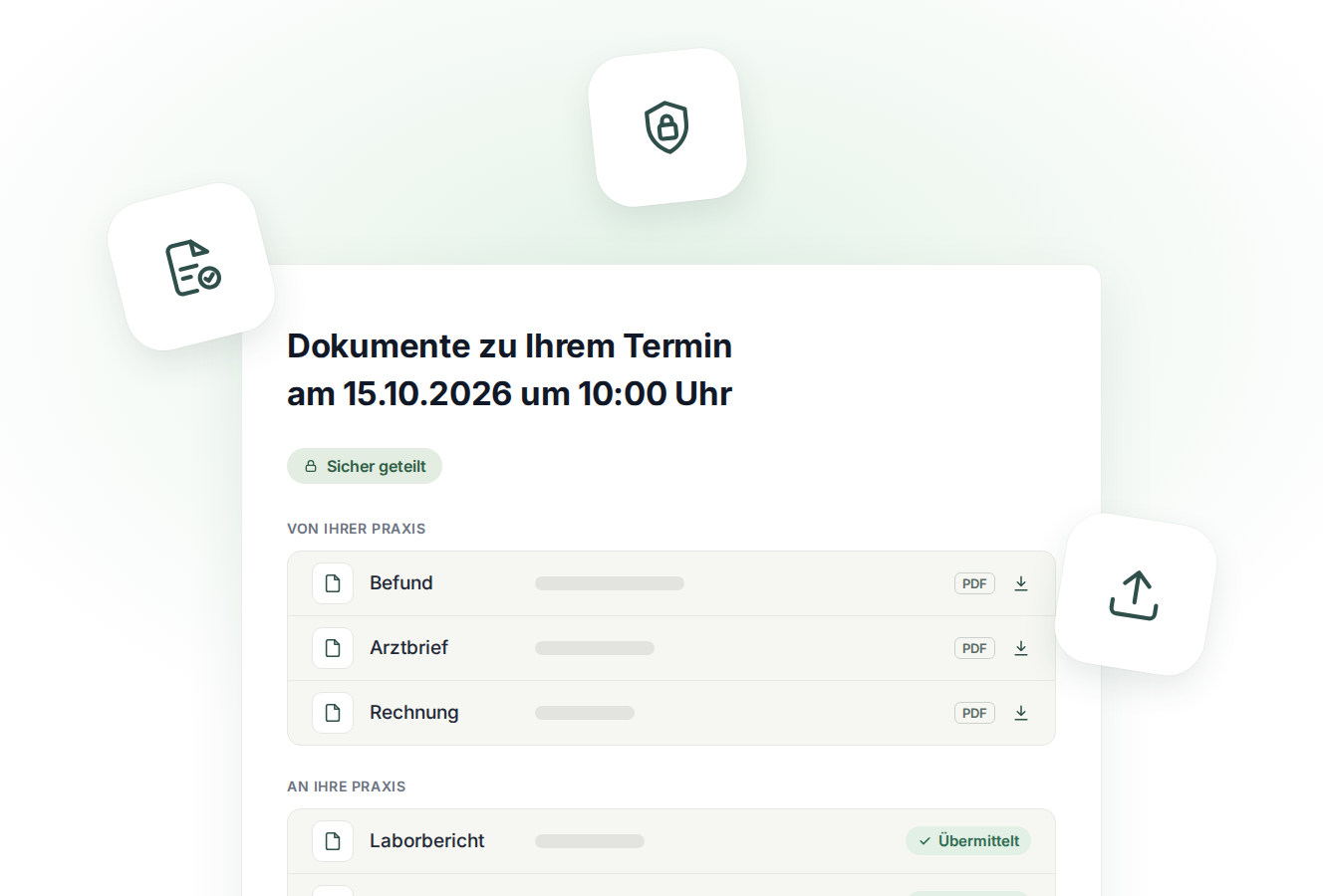 Benachrichtigung „Information zum Termin“ mit Datum und Uhrzeit, daneben Symbole für Kalender, Nachricht und Videosprechstunde