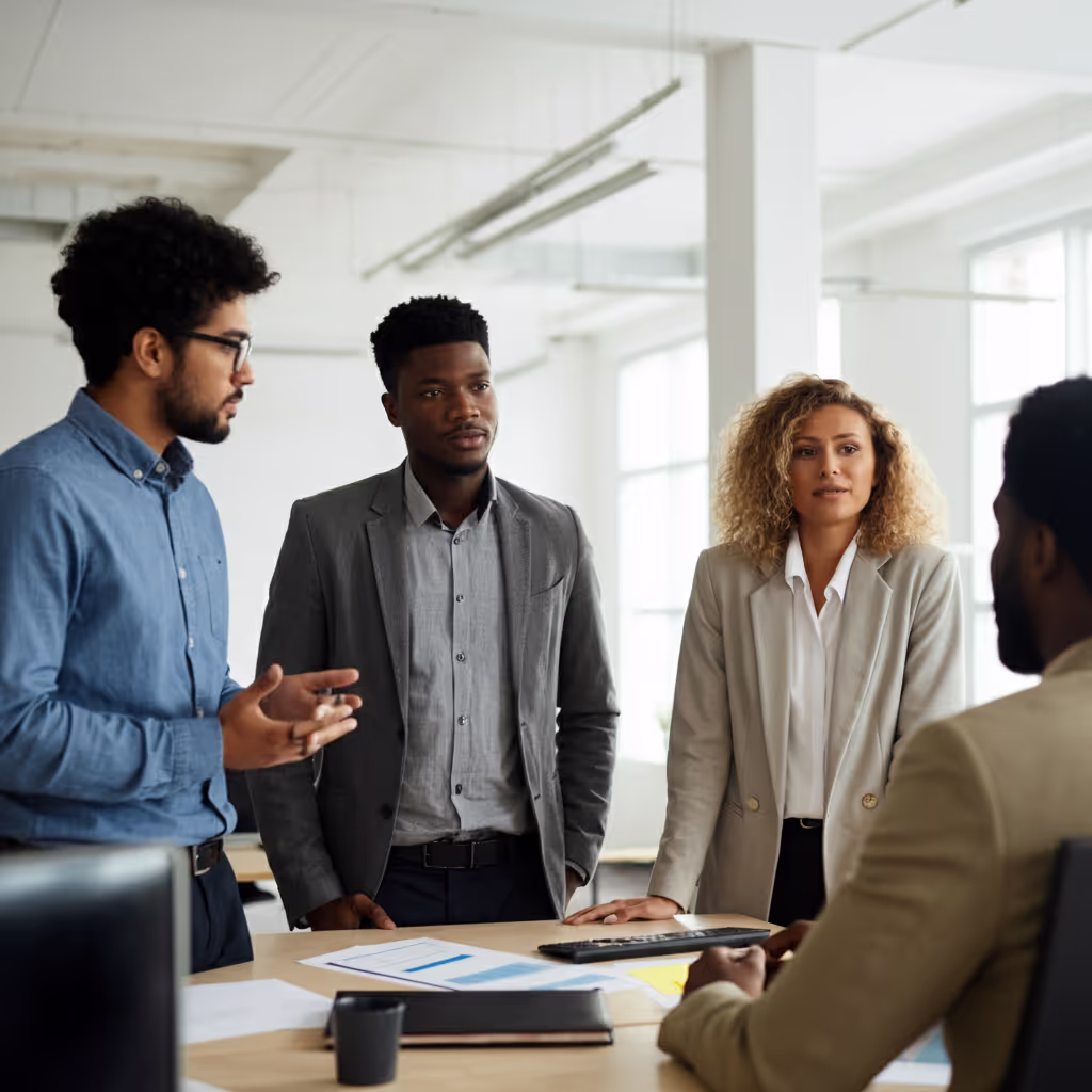 3 personnes qui discutent avec un responsable