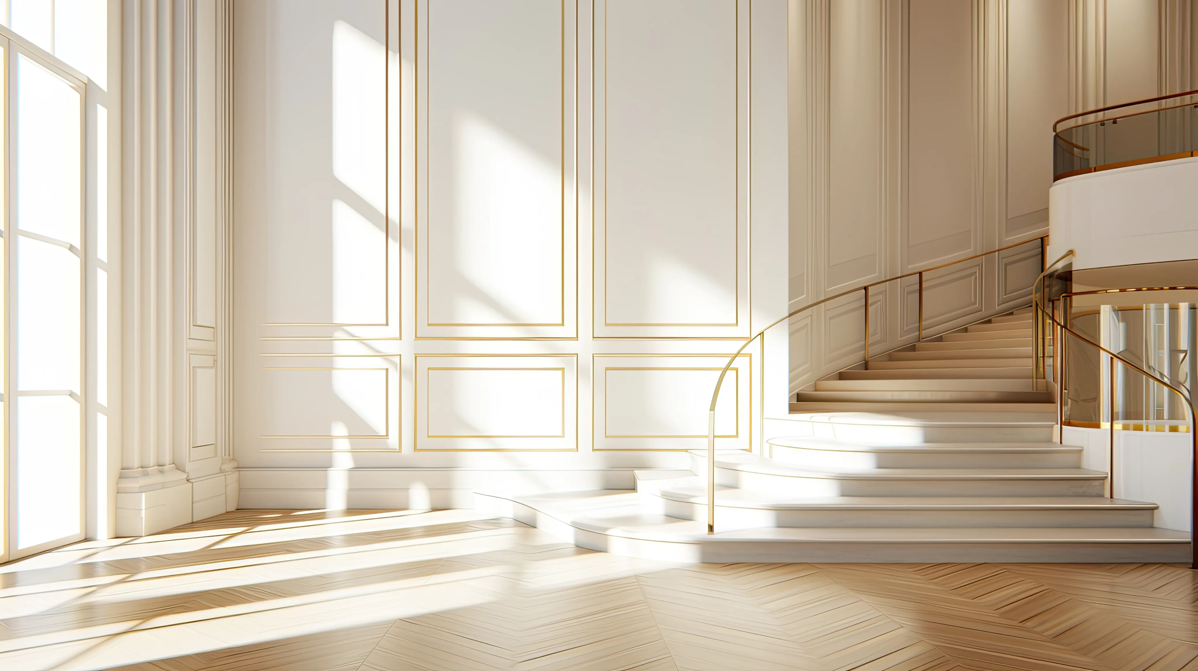 Une entrée luxueuse avec des moulures et un escalier