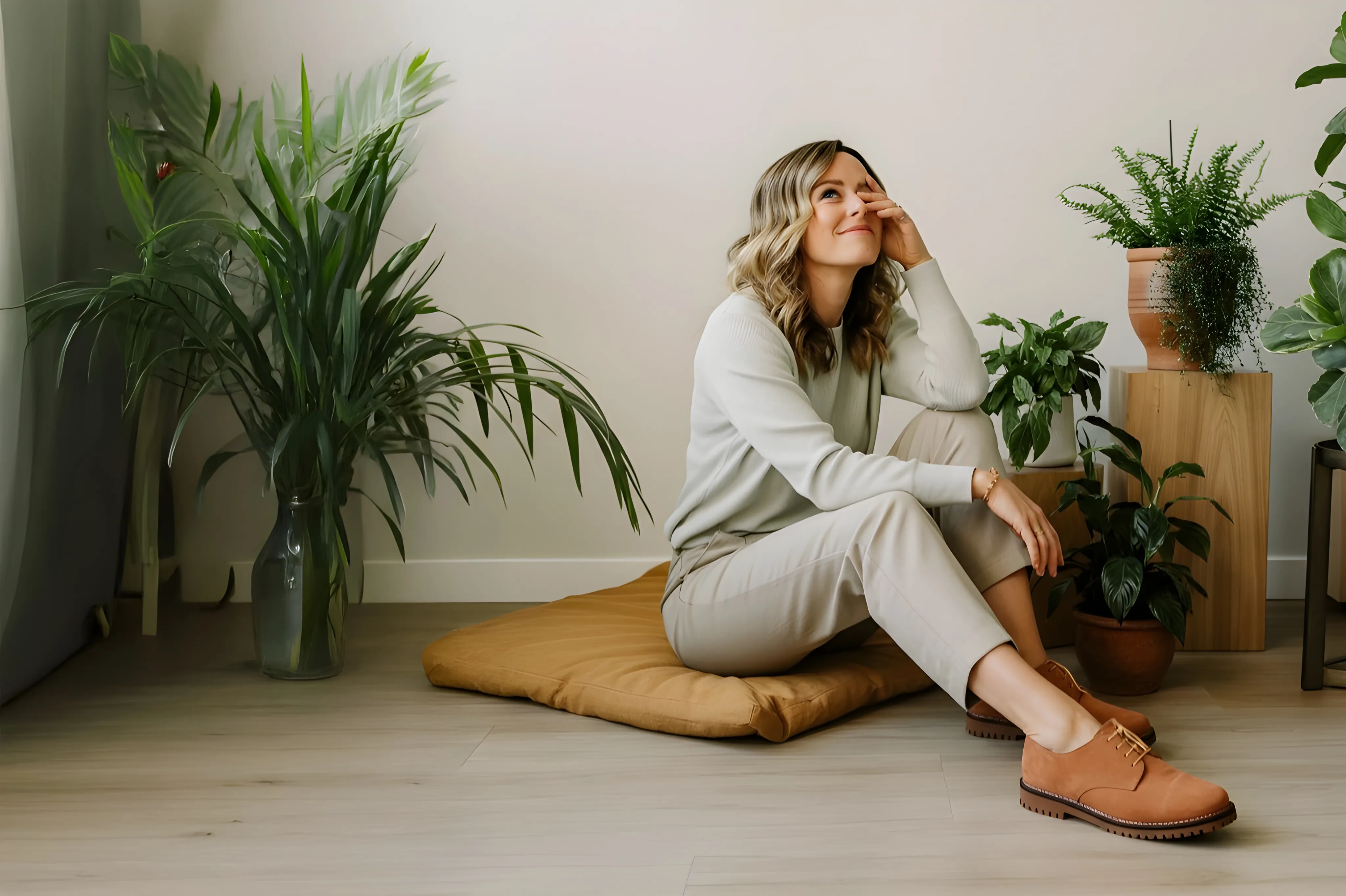 Une femme assise sur un coussin qui réfléchit