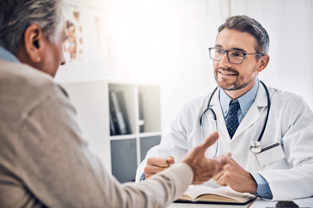 Warm interaction showing patient-centered care.