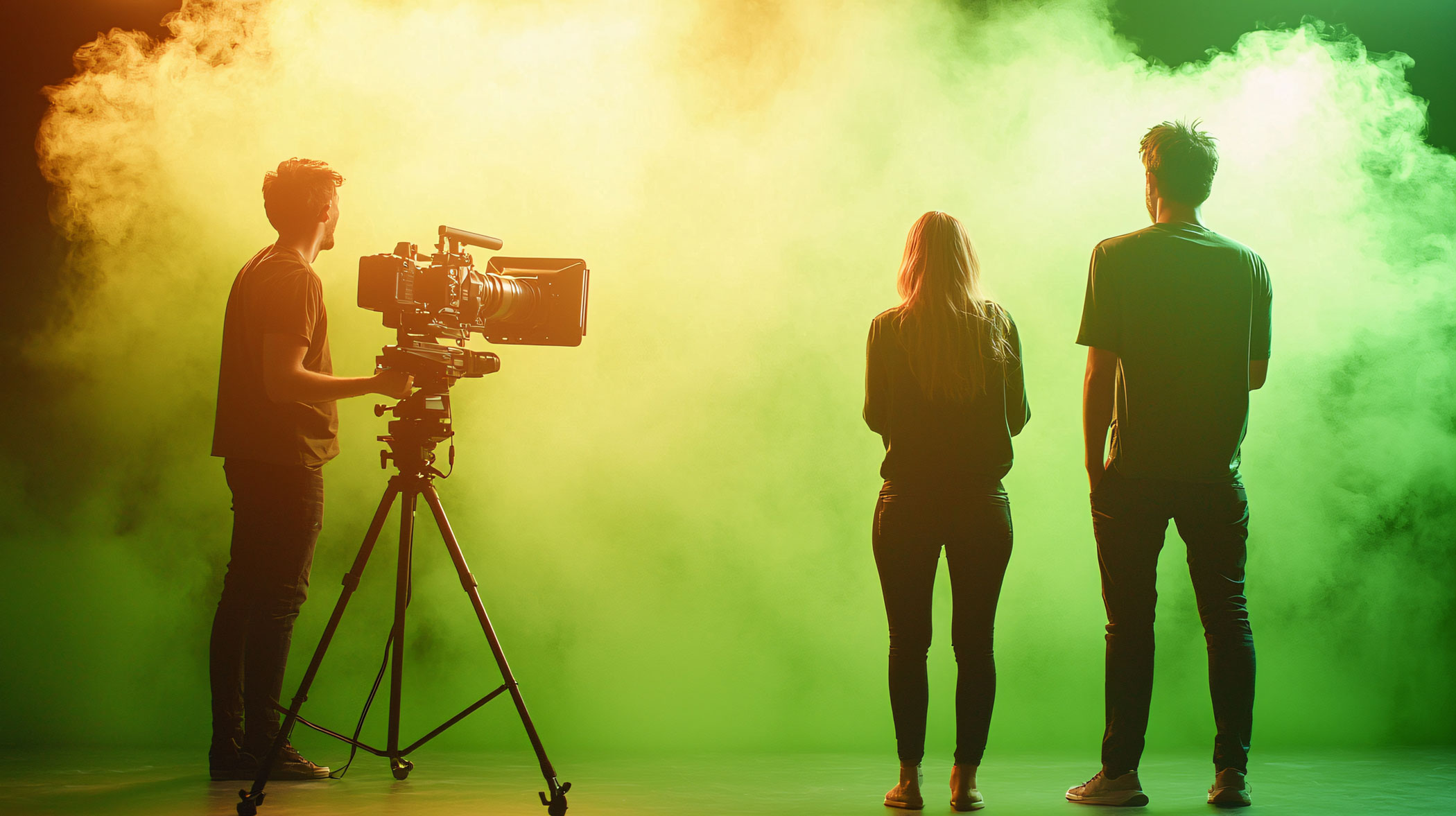 image of cameraman behind camera on tripod with two people next to him on a stage with lighting and smoke
