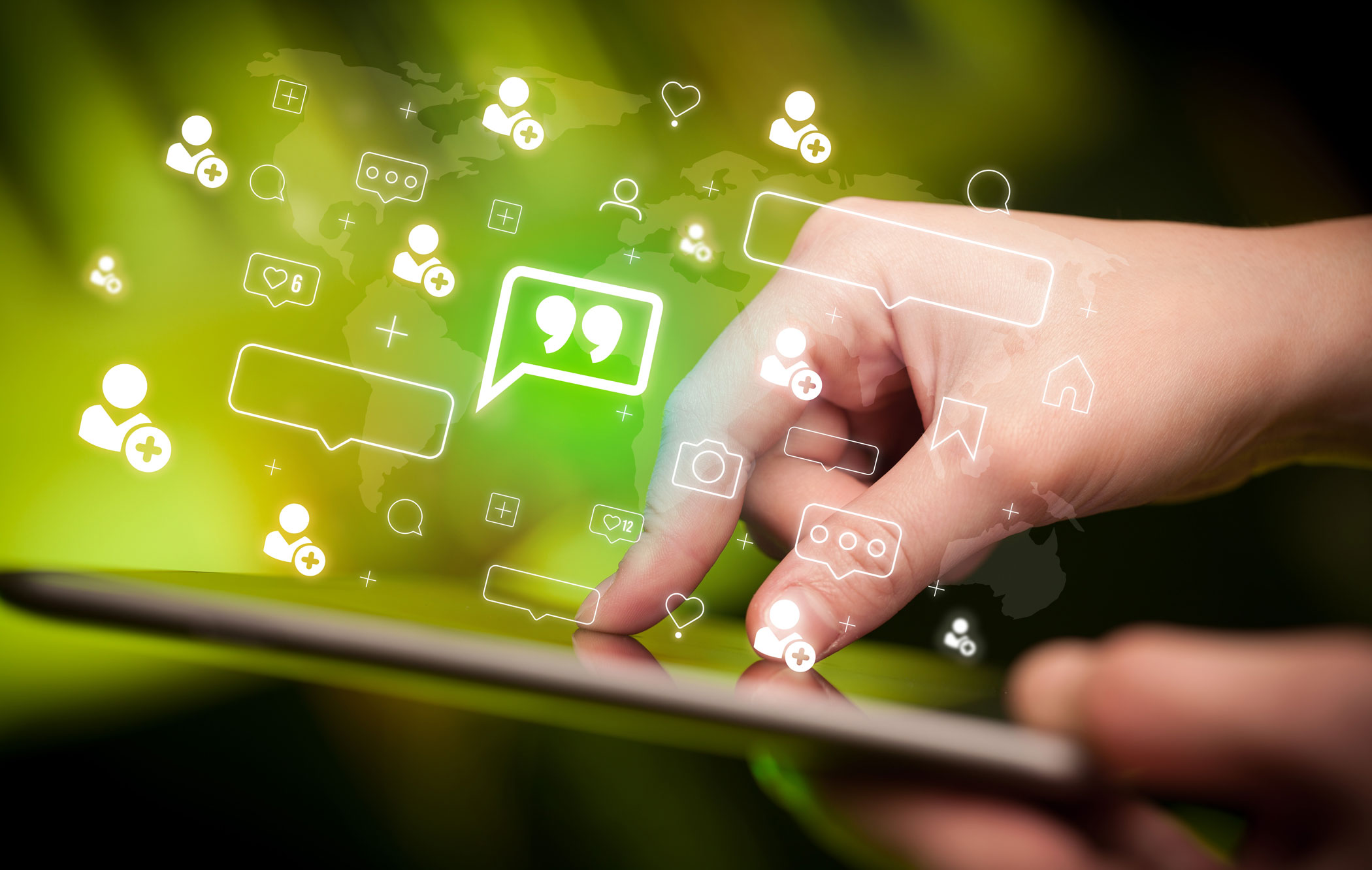 Image of hand on Digital Tablet Screen indicating someone that is on Social Media