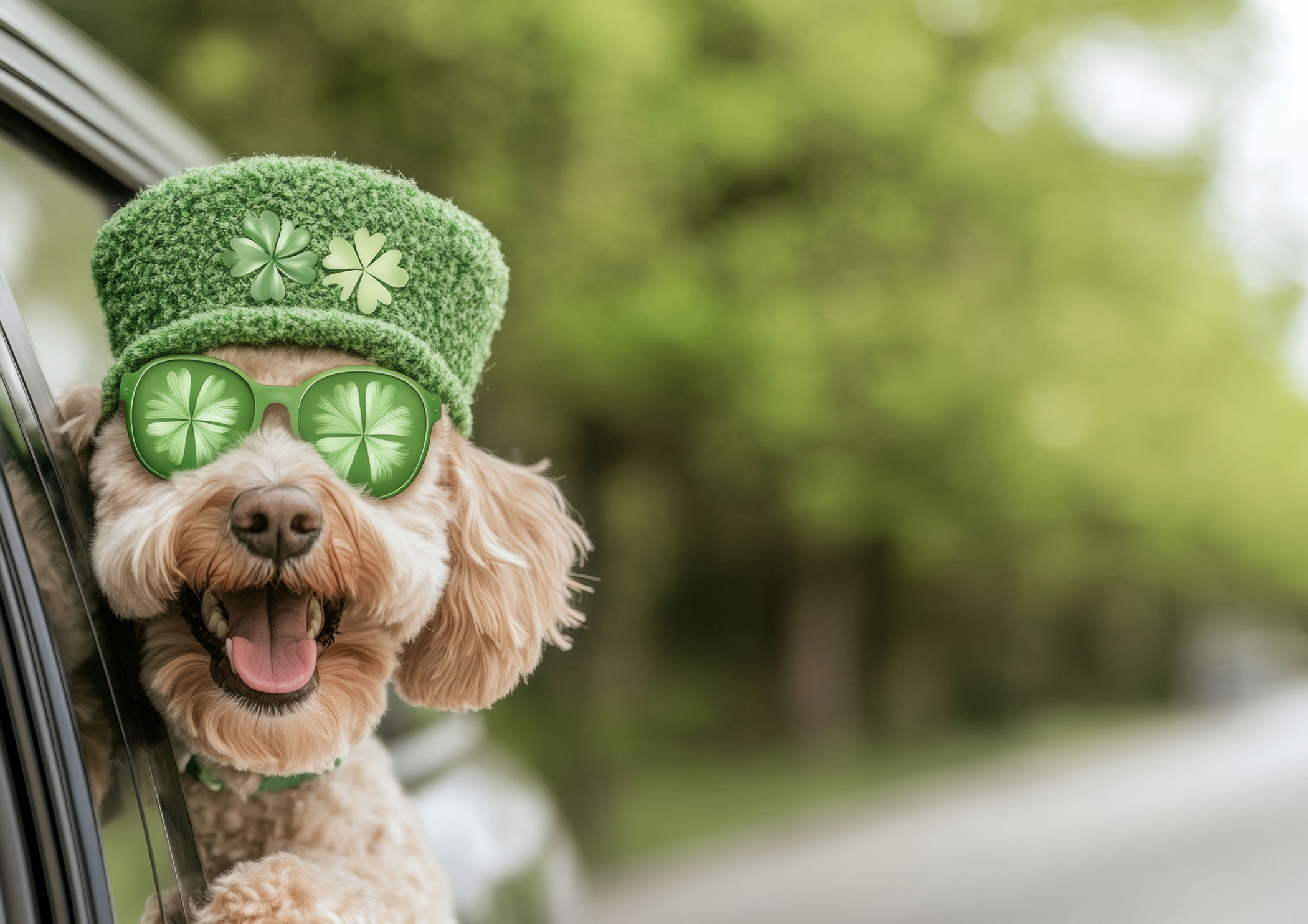An image of a cute dog traveling in a car wearing a hat and sunglasses featuring 4 leaf clovers