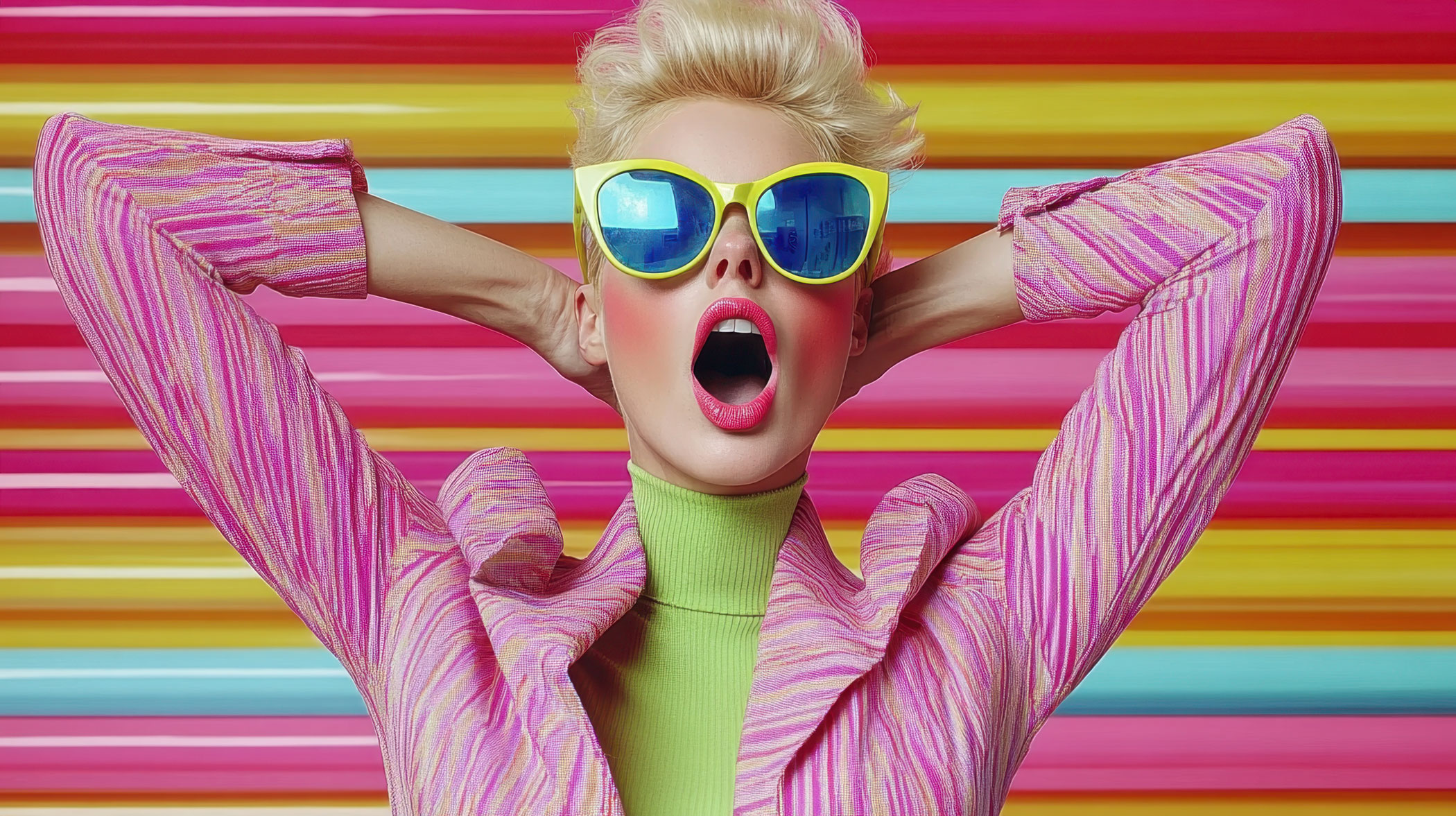 Colourfull Image of woman wearing big sunglasses and bright pink lipstick shouting
