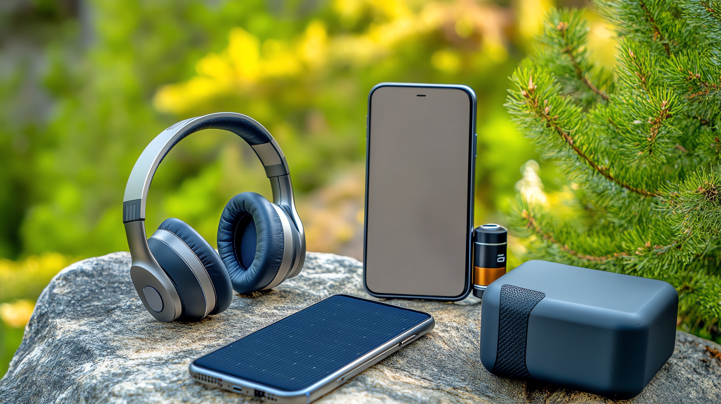 An image showing electronic products that are placed on a rock at a photoshoot