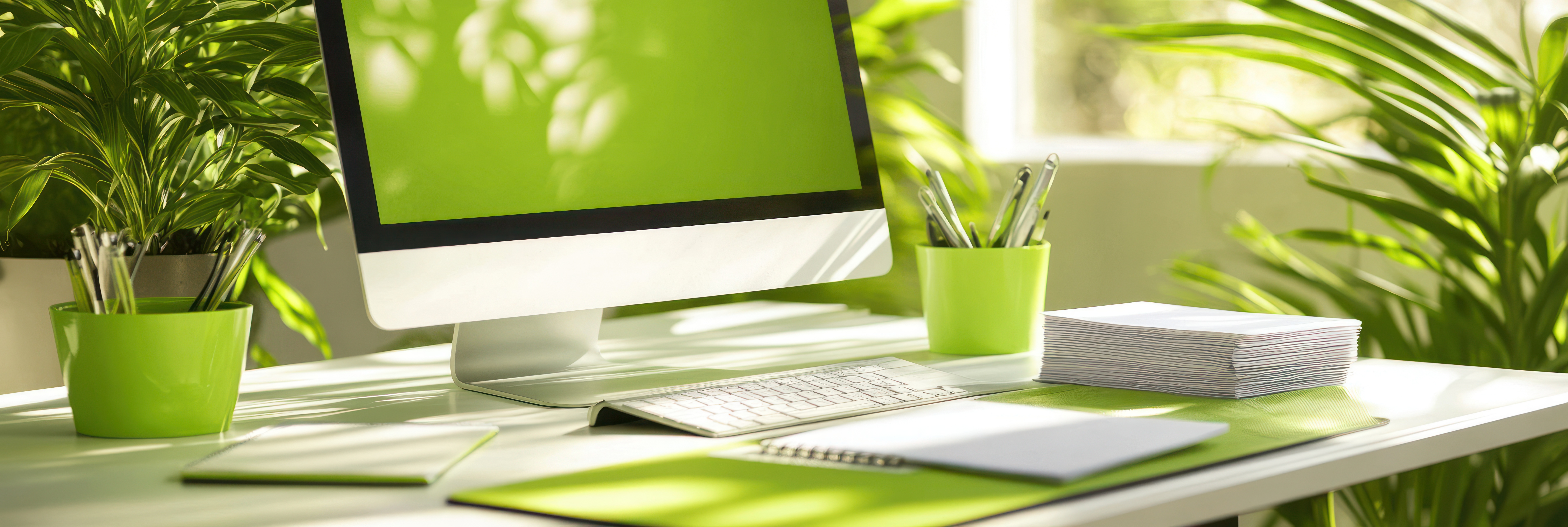 Image showing Desk with Computer Screen and Writing Pad and Pens in Cups