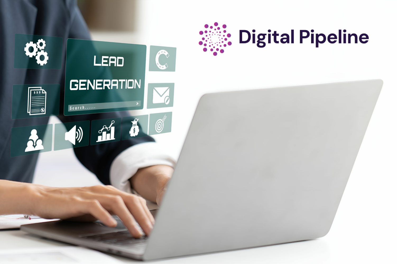 Image depicting someone at a laptop typing with a graphic showing the word "Lead Generation" and associated graphics