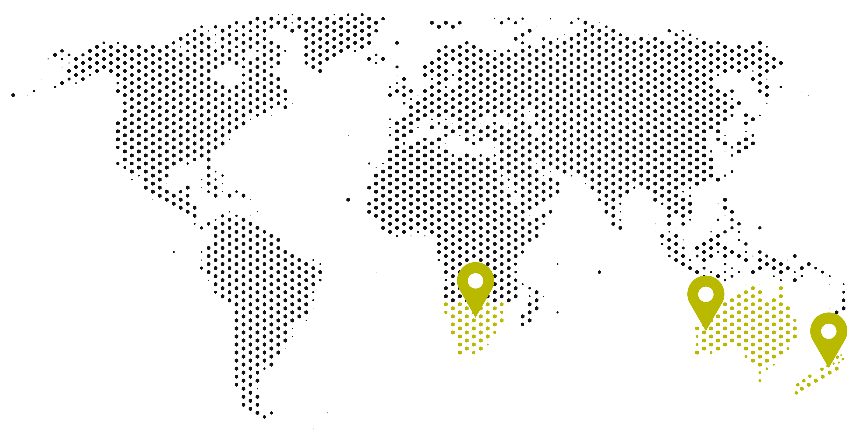 Graphic of World Map displaying locator pins on South Africa, Australia and New Zealand