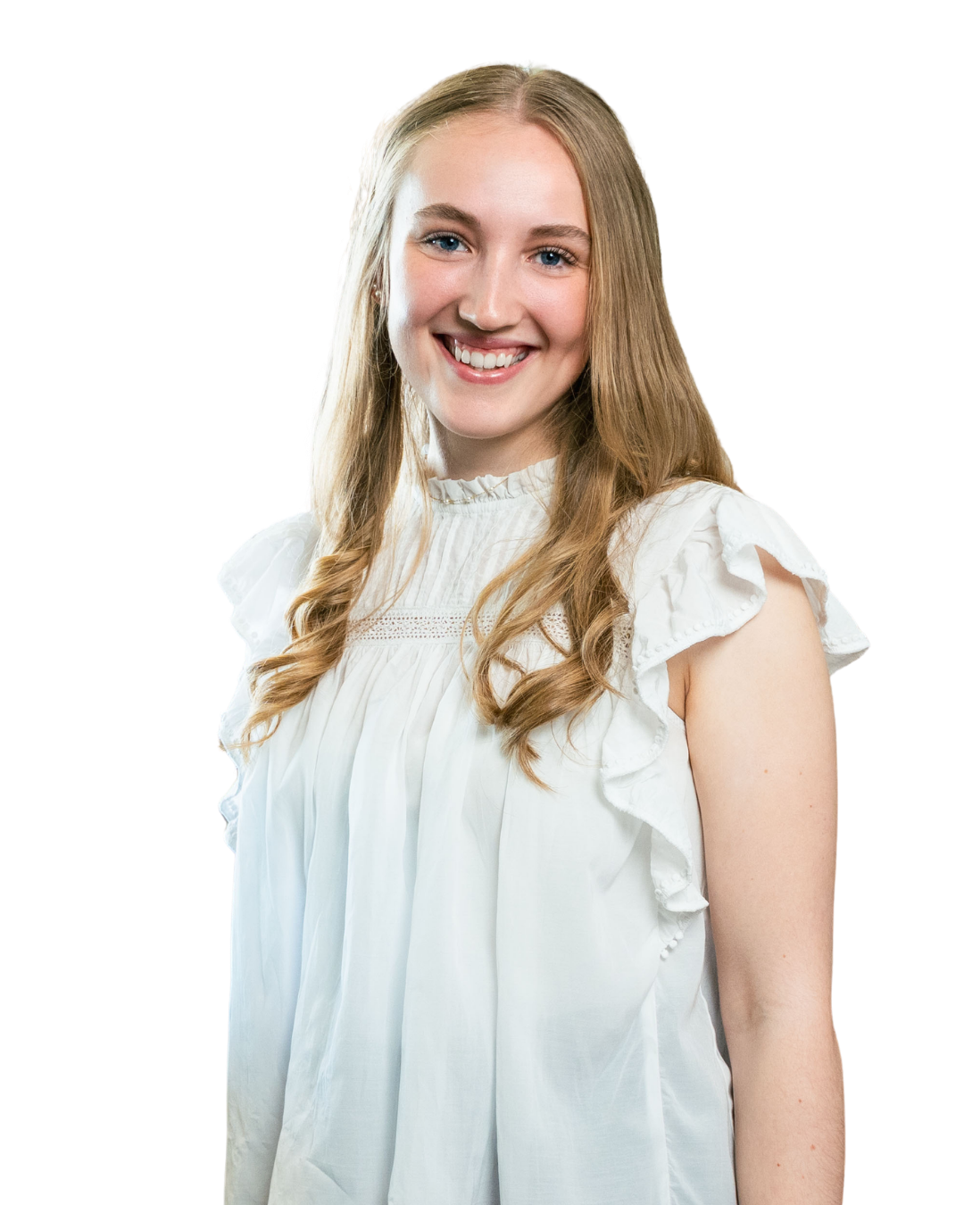 Smiling young woman with long blonde hair wearing a white ruffled sleeveless top.
