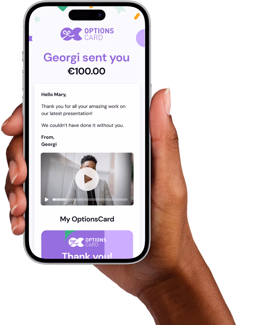 Woman holding a phone unwrapping their OptionsCard