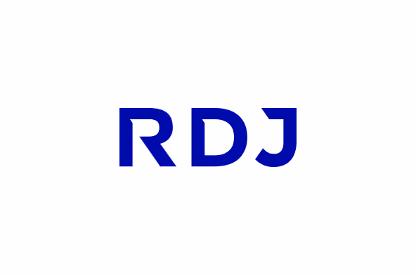 Blue capital letters R, D, and J on a white background.