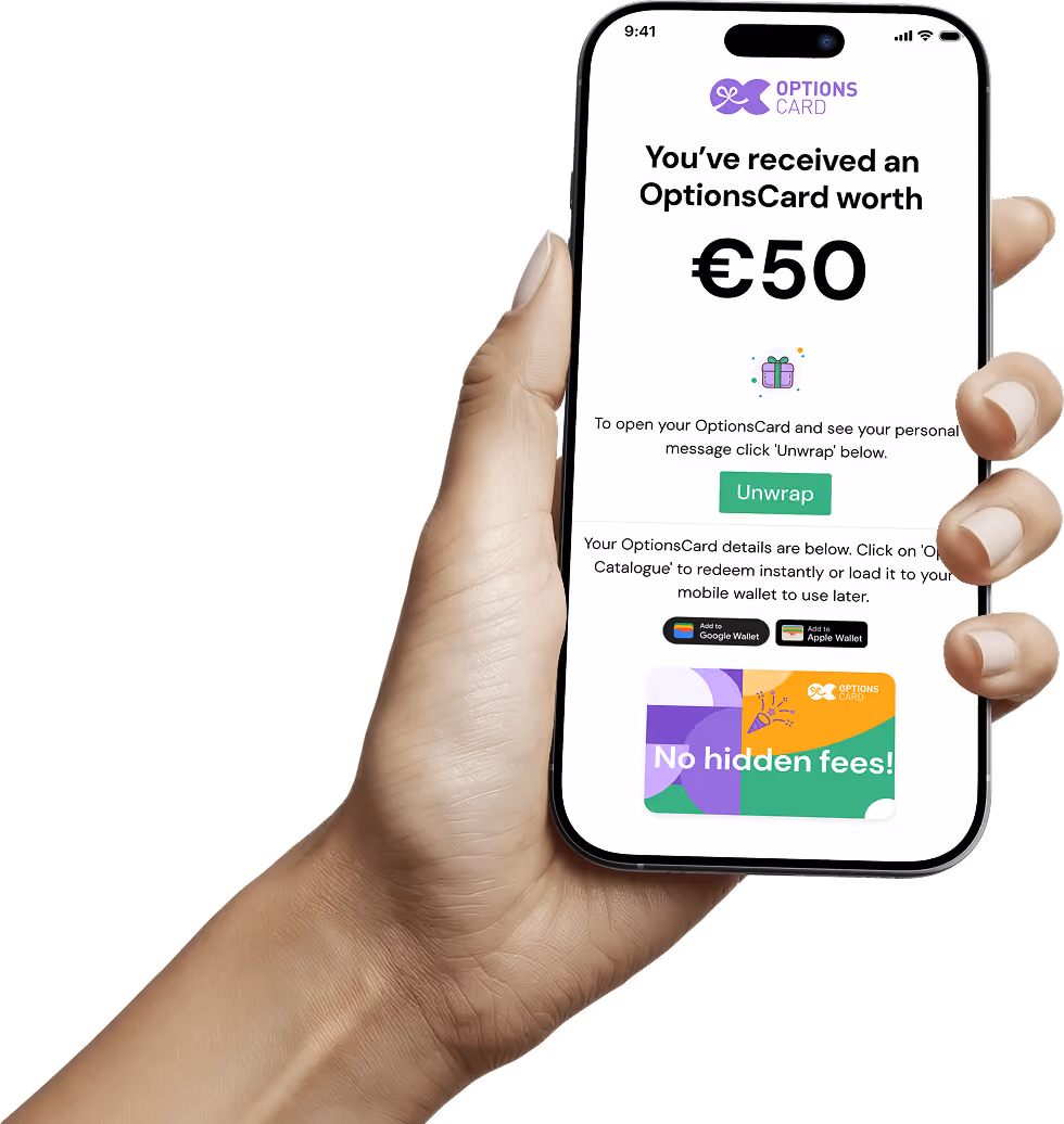 A person holding a phone showing the OptionsCard email they've received worth the full amount of €50