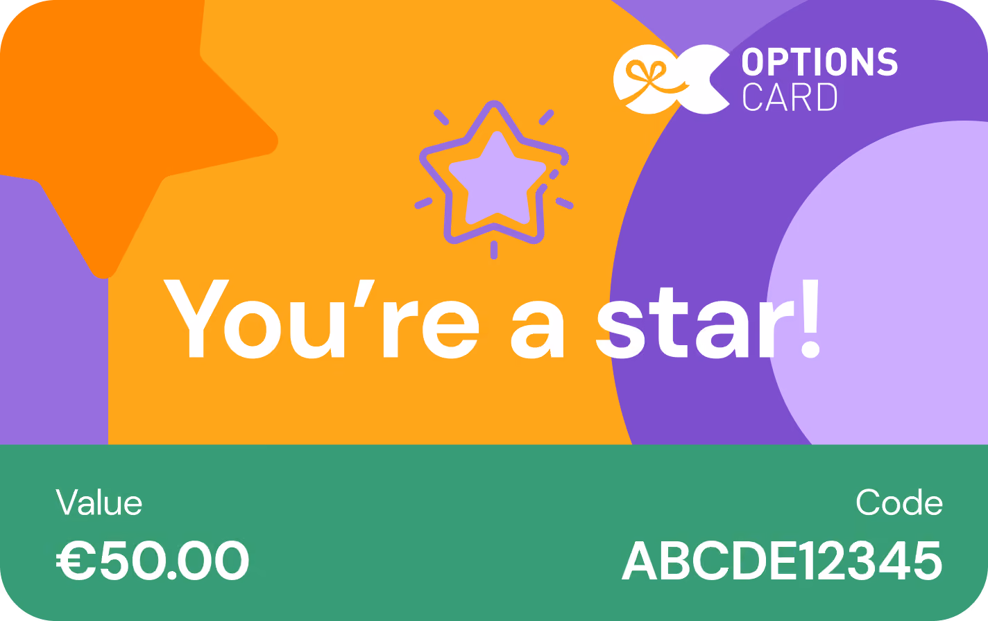 Gift card with colorful orange, purple, and green sections, featuring text 'You're a star!' with a star icon, value €50.00, and code ABCDE12345.