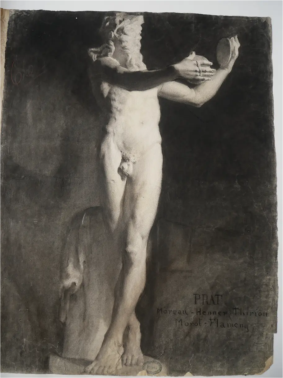 Painting of woman looking at drawing