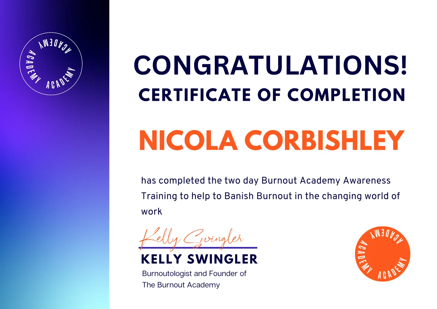 Burnout Academy Awareness Training certificate