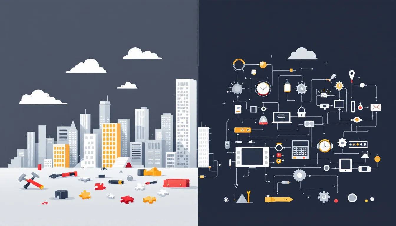 Illustration comparing chaotic startup growth with tool sprawl versus a well-architected system that scales smoothly.