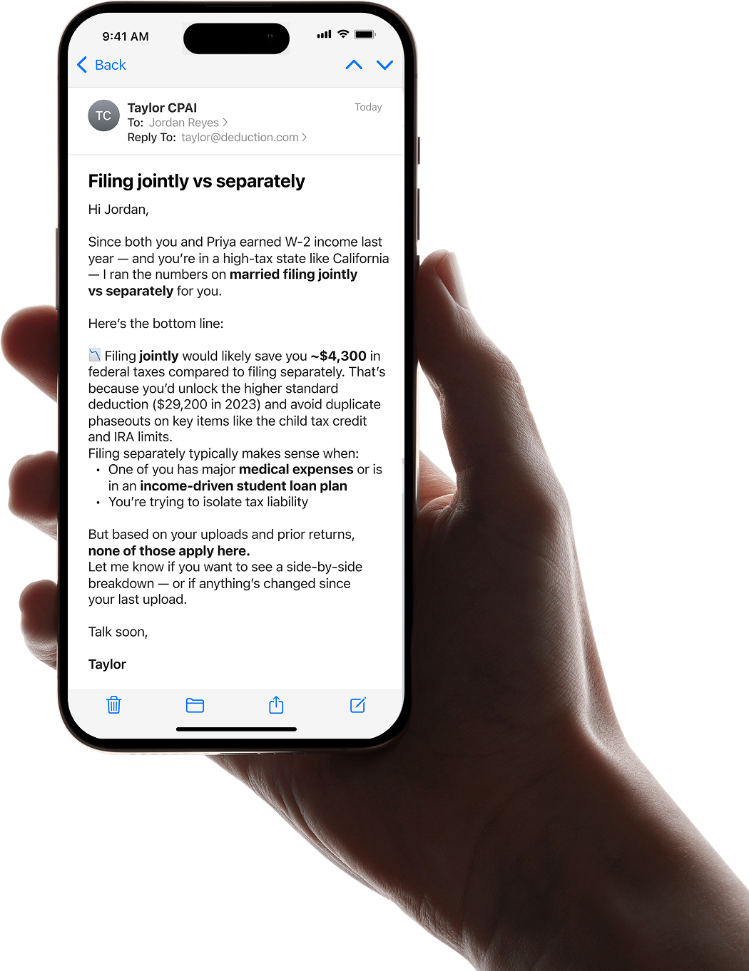 Email from Taylor CPAI - an AI tax accountant, with tax advice and analysis