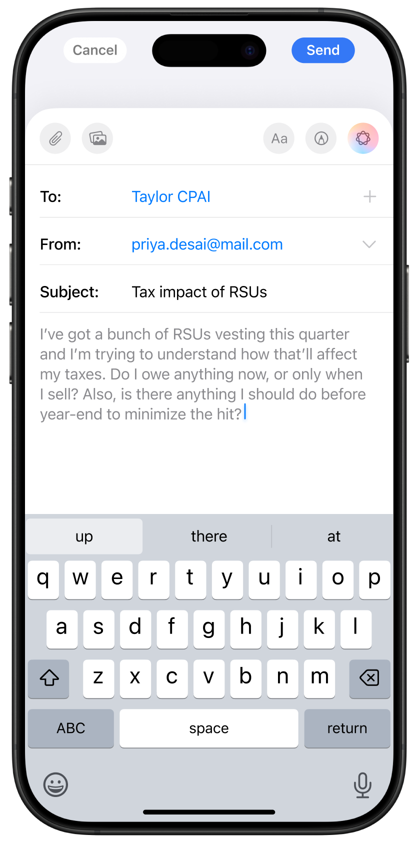Email to Taylor, CPAI - AI Tax accountant, regarding Tax Impact of RSUs