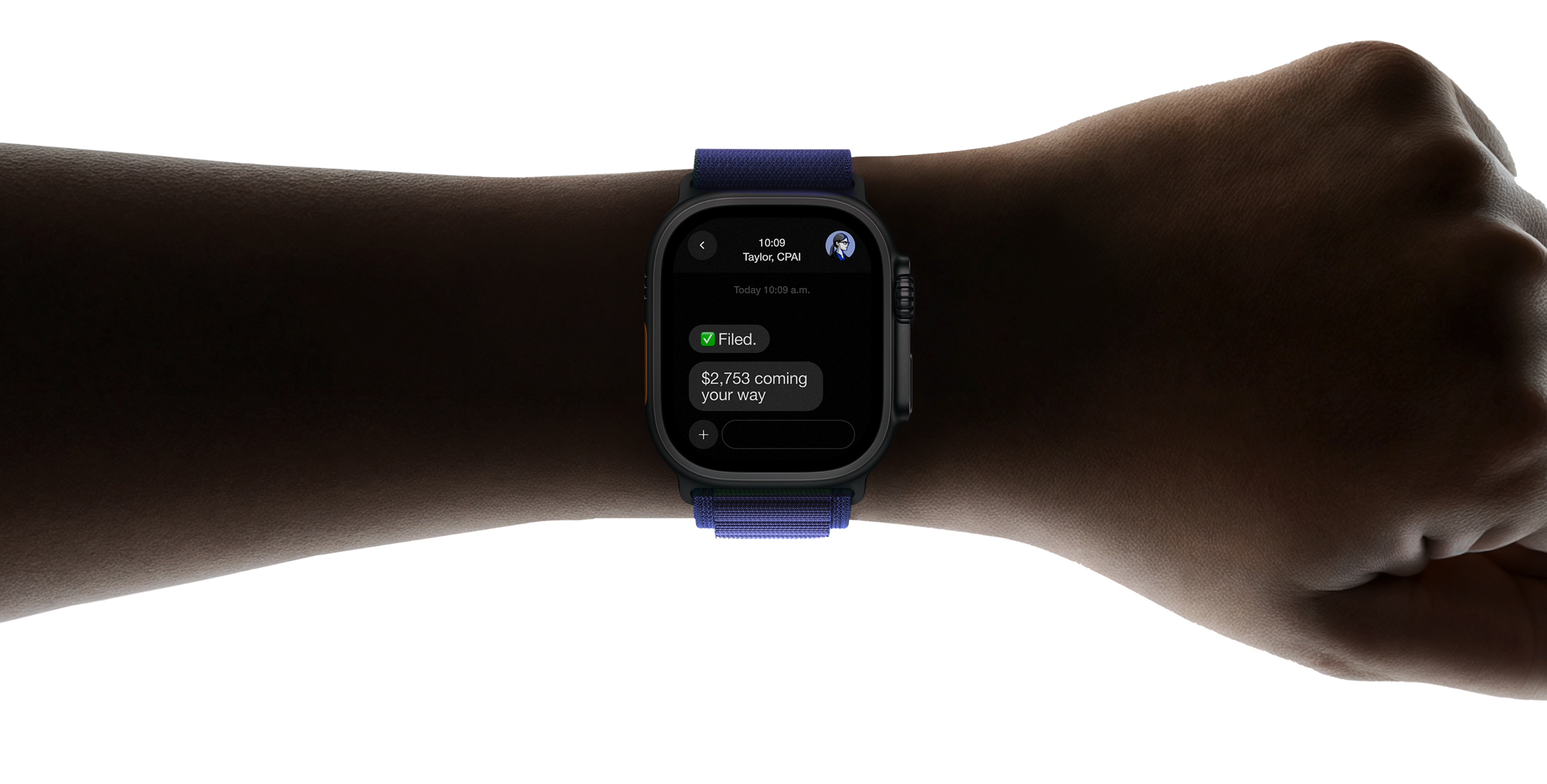 Apple Watch notification from Taylor CPAI with filed confirmation and refund estimate.