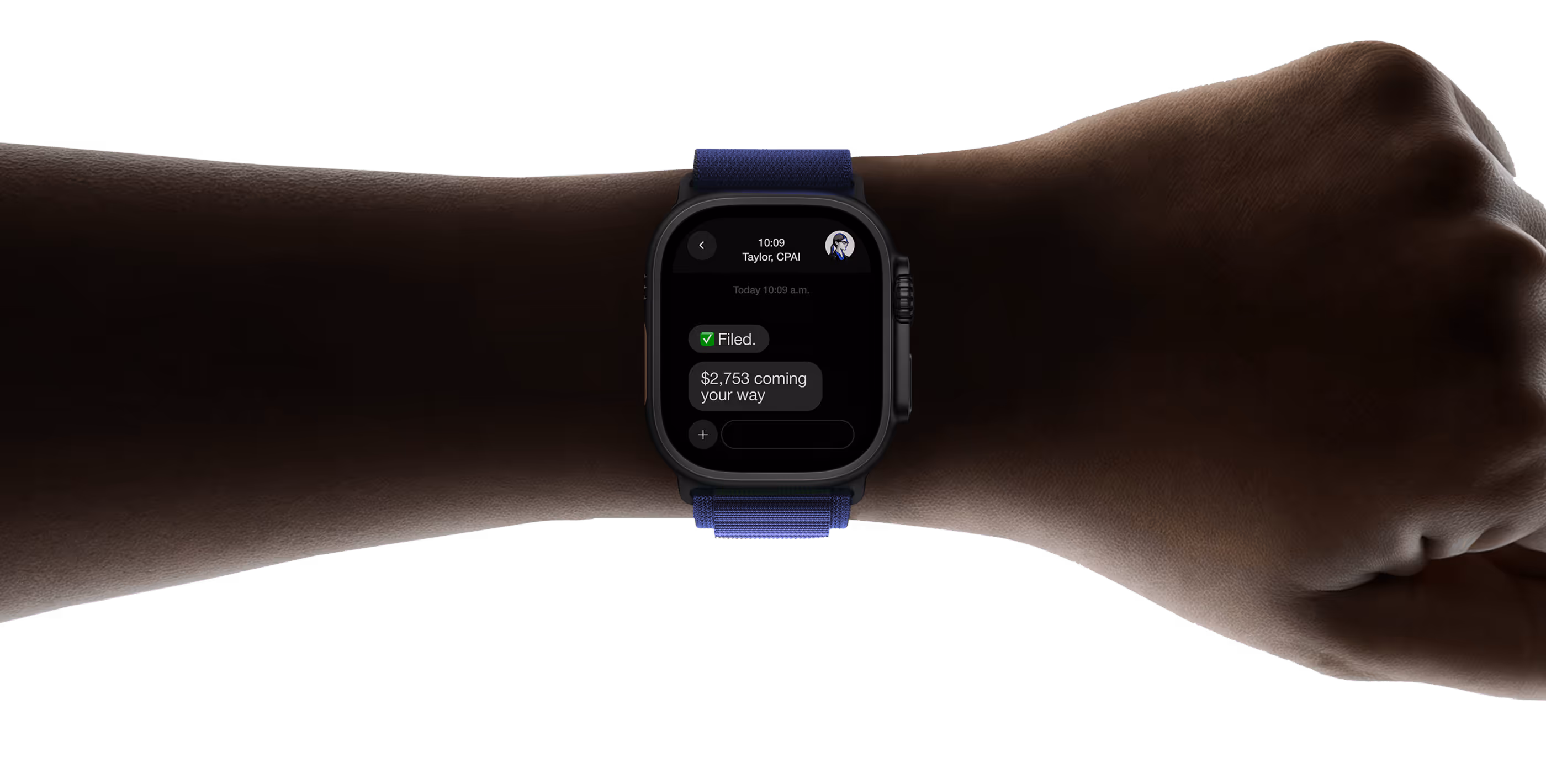 Apple Watch notification from Taylor CPAI with filed confirmation and refund estimate.