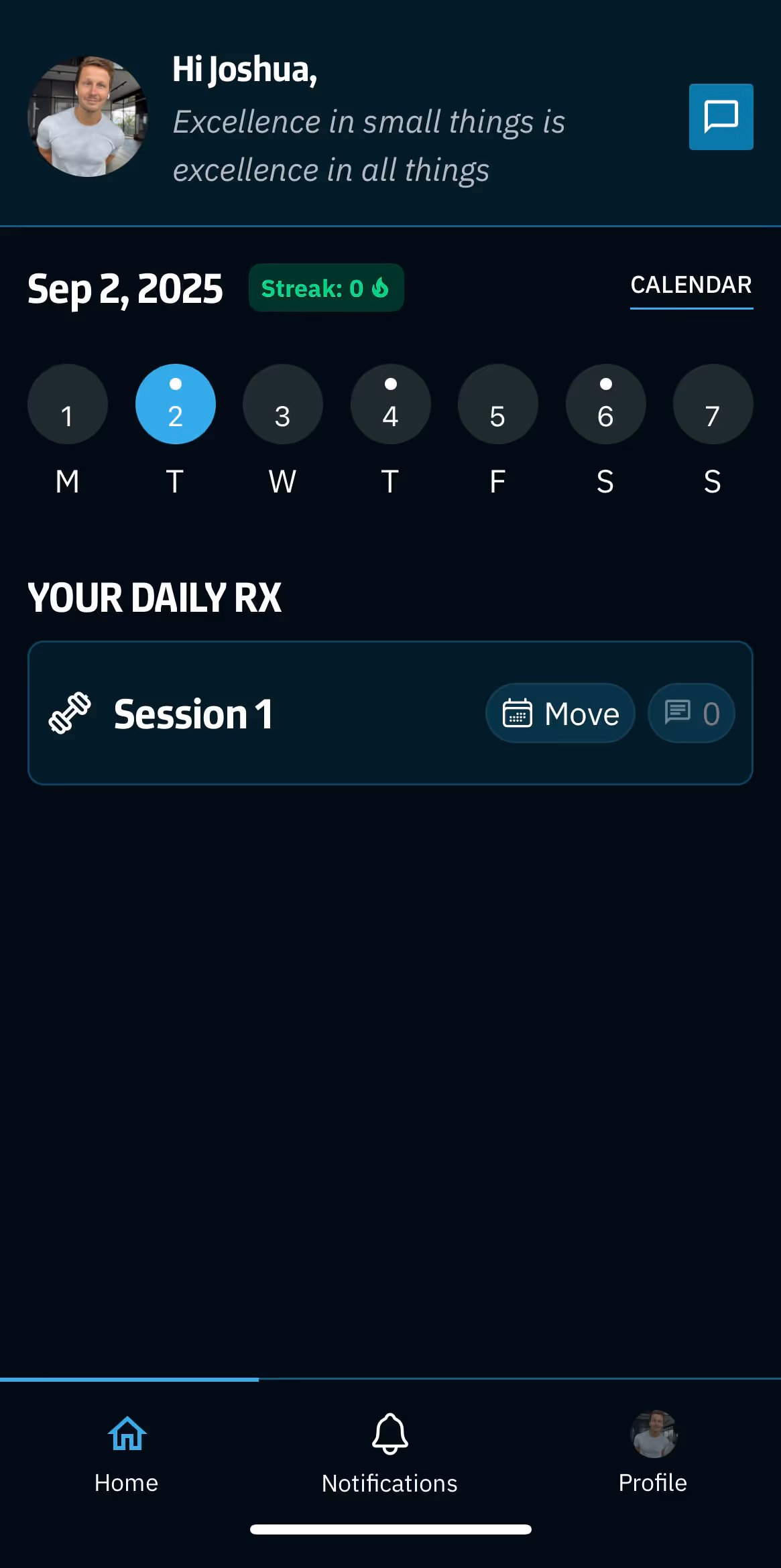 Mobile app screen showing daily workout schedule with Session 1 listed under “Your Daily RX” for September 2, 2025.