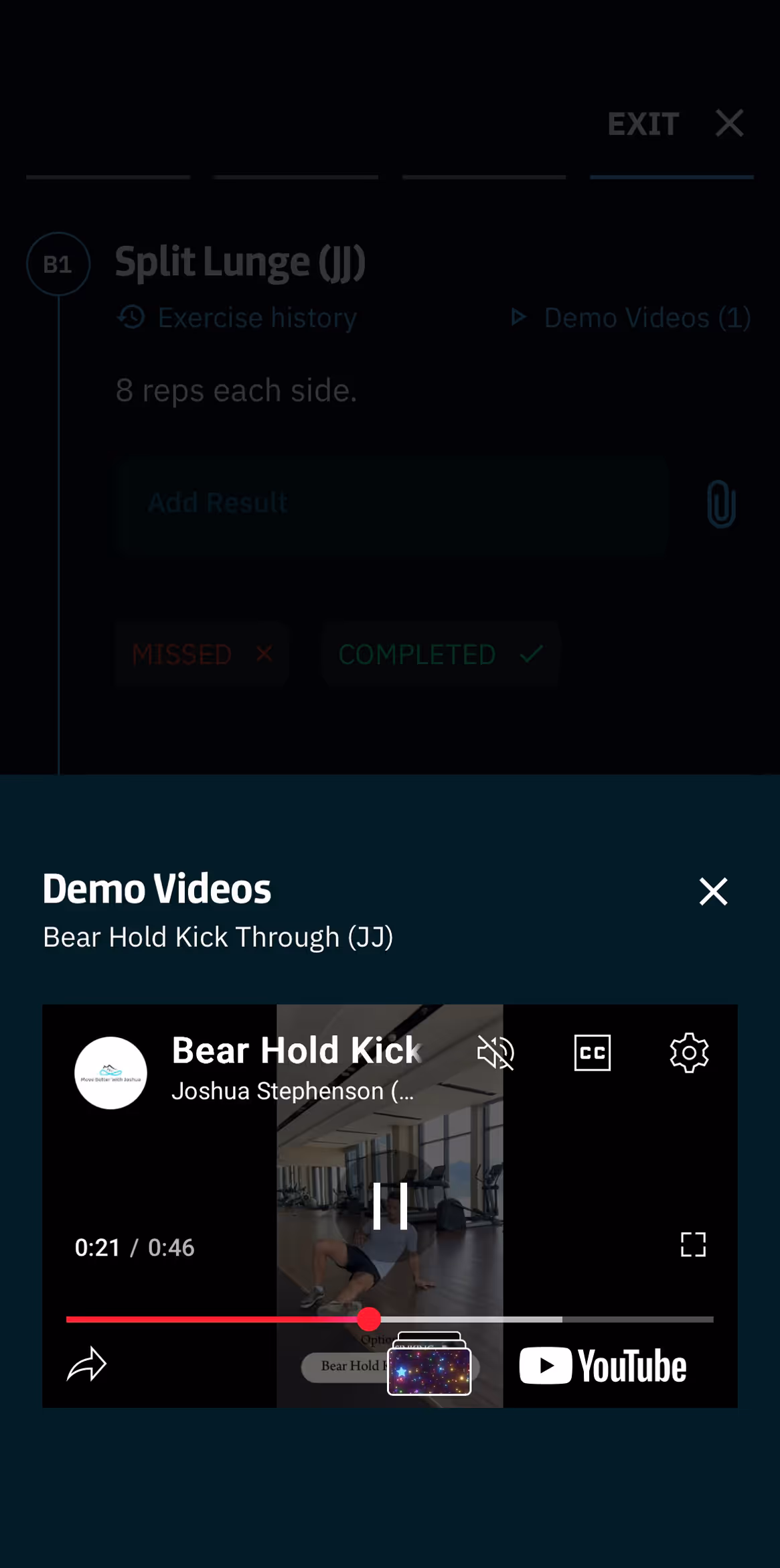 Coach notes screen in a workout app listing movement types including squat, push, hinge, lunge, animalistic move, and mobility, with additional tips and notes.