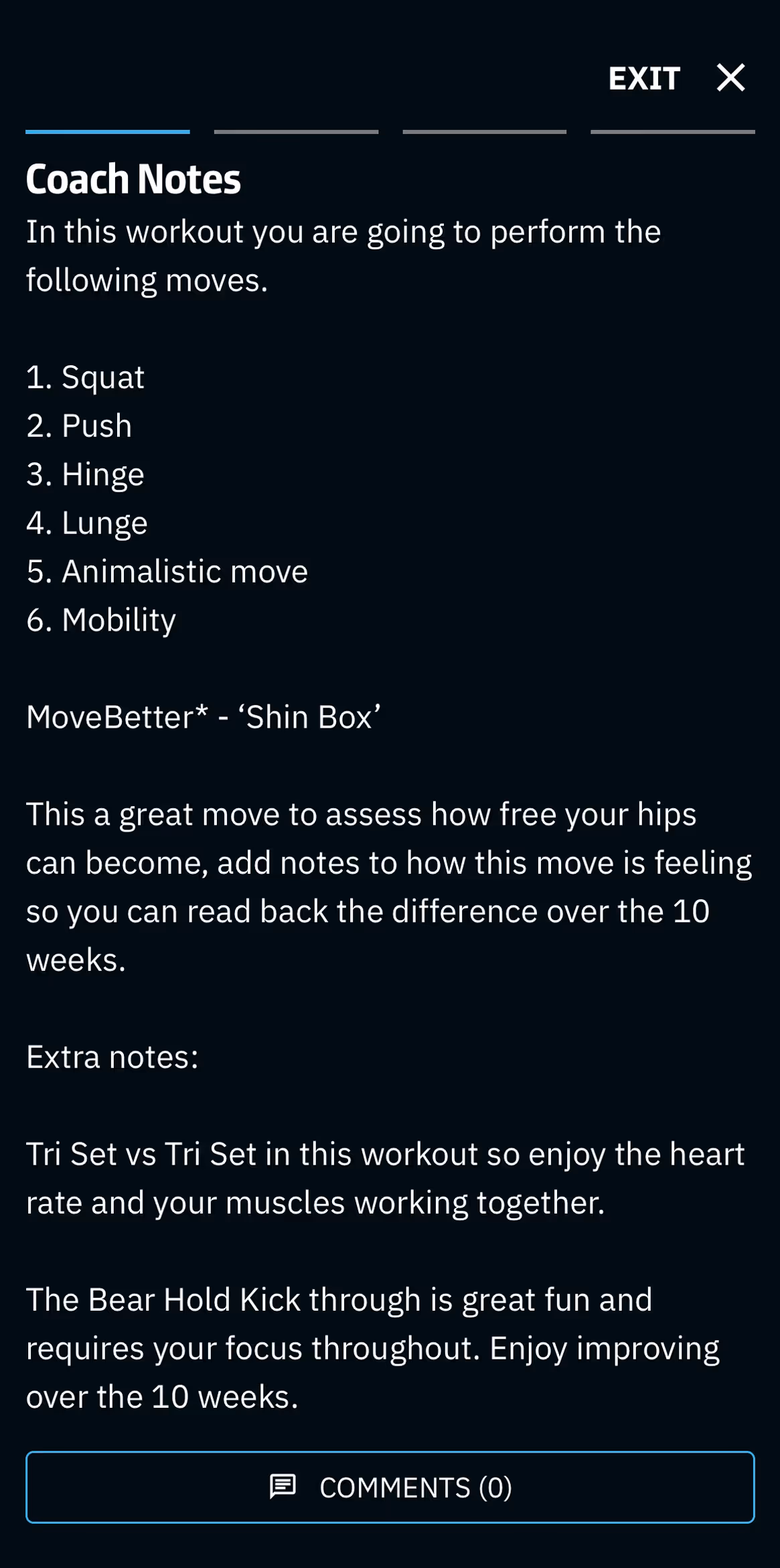 Fitness app screen showing demo video for Bear Hold Kick exercise with playback paused at 21 seconds.