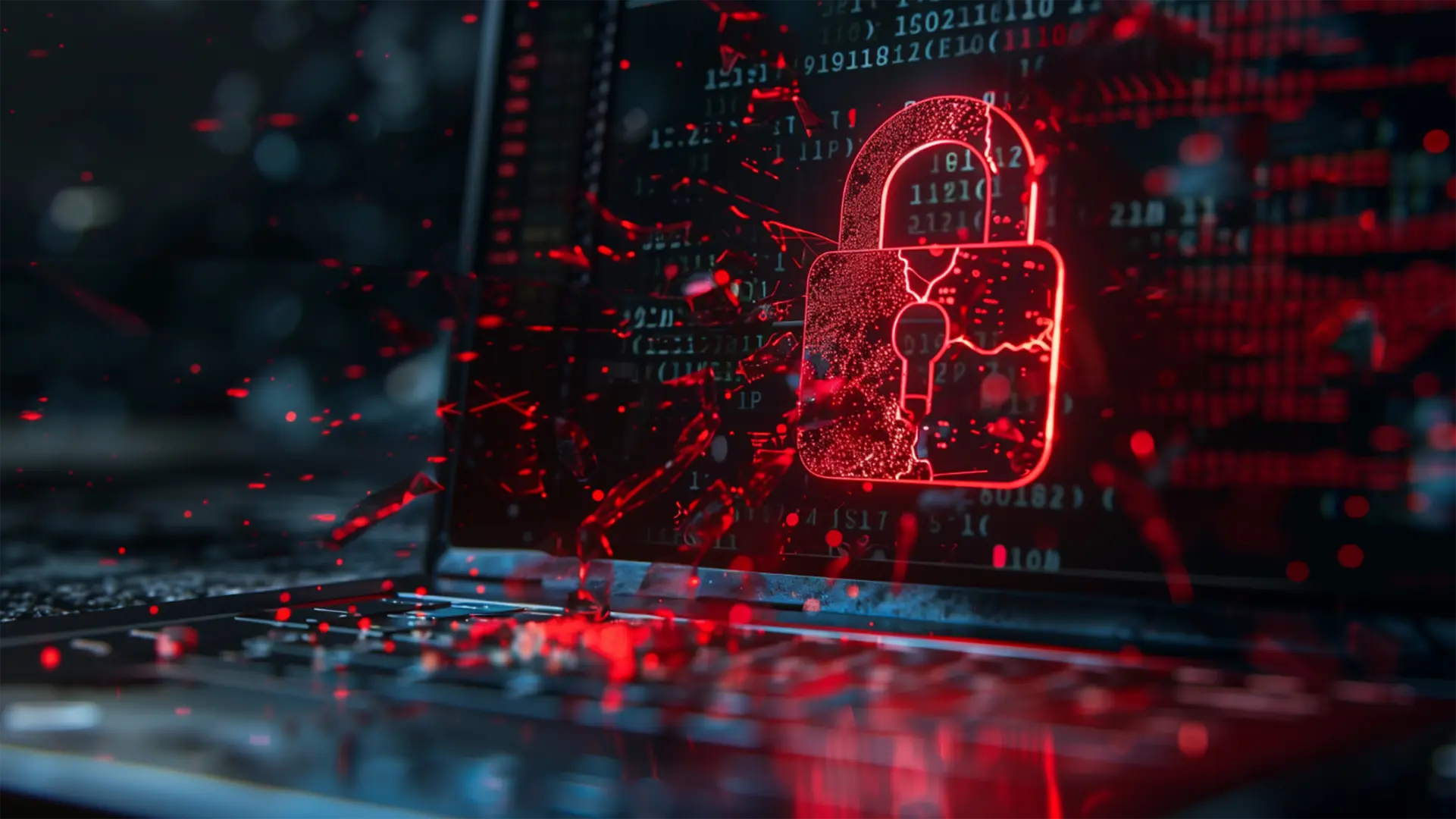 Data breach vs data leak concept with broken red lock on a laptop, symbolizing compromised cybersecurity and exposed data.