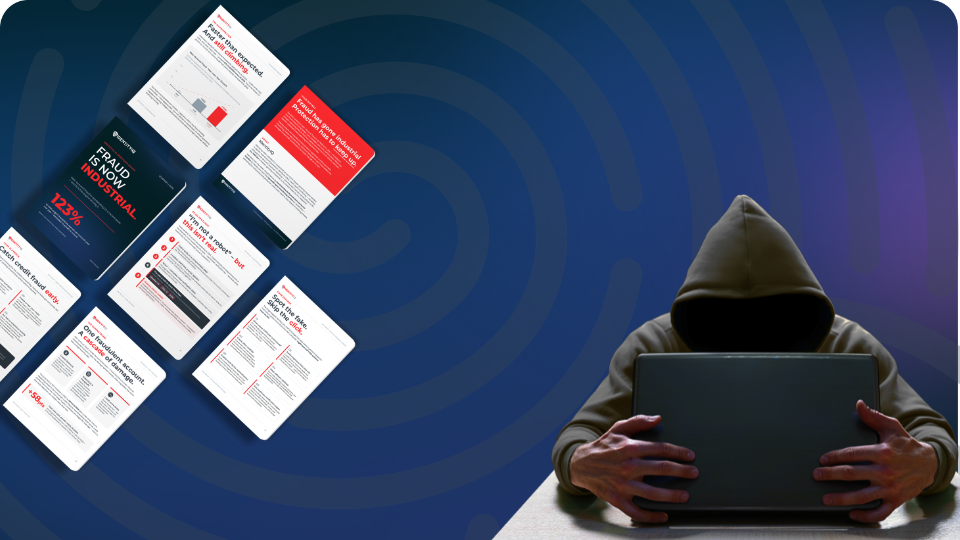 Q1 2026 Fraud Report materials displayed alongside an illustration of a hooded figure using a laptop, representing cyber fraud threats.