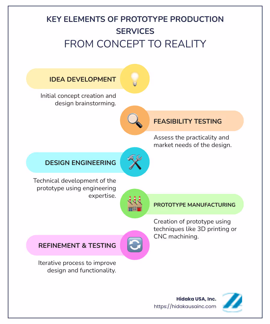 An infographic explaining the key elements and benefits of prototype production services, with sections on importance, integration in product development, and considerations for managing costs - prototype production services infographic infographic-line-5-steps-colors