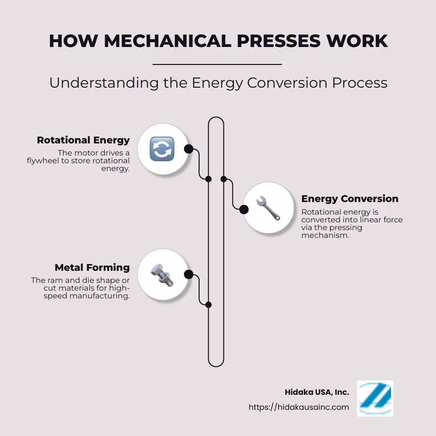 An infographic depicting how a mechanical press converts rotational energy into linear force for metal forming, highlighting the parts involved like the flywheel, motor, and pressing mechanism - how do mechanical presses work infographic infographic-line-3-steps-neat_beige