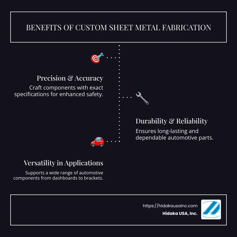 Infographic: Key Benefits and Applications of Custom Sheet Metal Fabrication in Automotive Industry - custom sheet metal fabrication infographic infographic-line-3-steps-dark