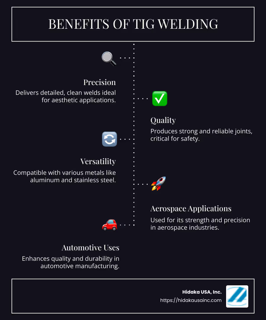 Detailed infographic of benefits of TIG welding: precision, quality, versatility, application in different industries - TIG welding infographic infographic-line-5-steps-dark