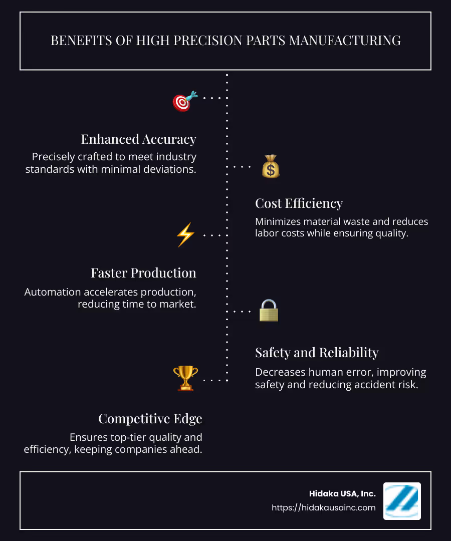Infographic illustrating the benefits and technological advantages of high precision parts manufacturing, including reduced costs, improved safety, increased production speed, and improved accuracy - high precision parts manufacturing infographic infographic-line-5-steps-dark