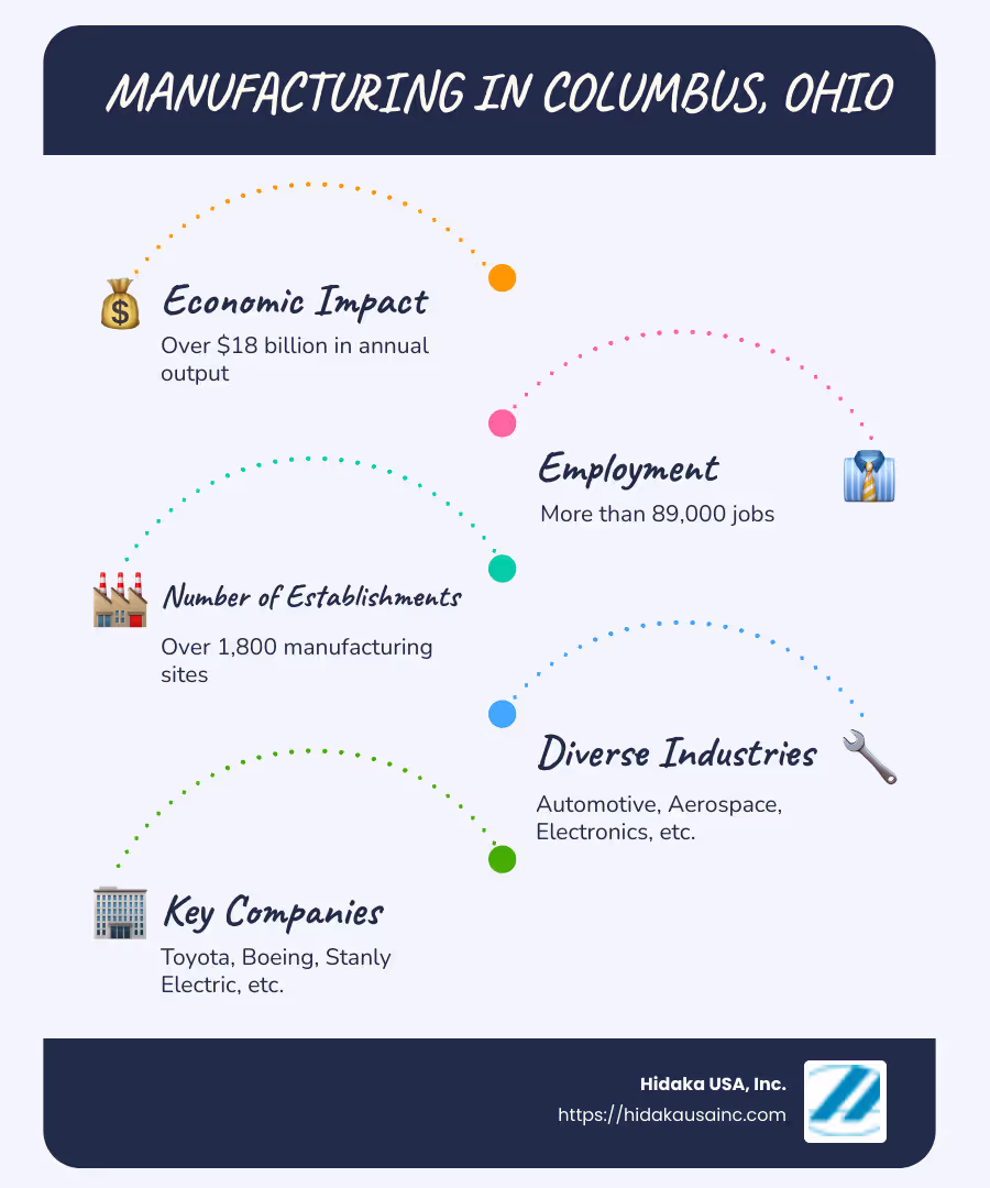 A detailed infographic showing key manufacturing statistics in Columbus, Ohio, including the number of establishments, employment figures, and annual economic output - manufacturers in columbus ohio infographic infographic-line-5-steps-blues-accent_colors