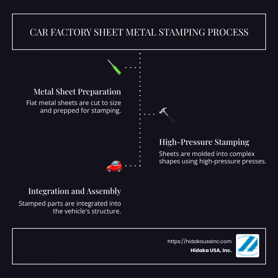 Infographic detailing car factory sheet metal stamping process - is a cars sheet metal stamped in the car factory infographic infographic-line-3-steps-dark