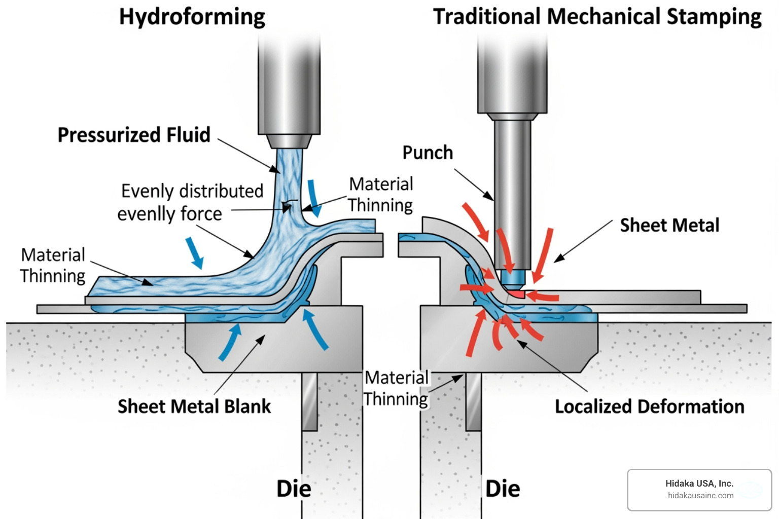 internal mechanics of hydroforming versus traditional mechanical stamping - hydraulic prototype forming guide