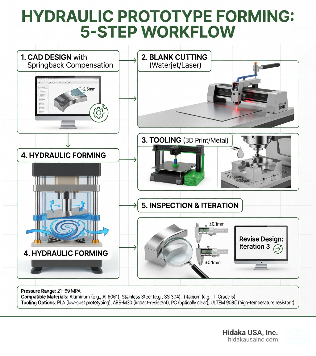 Infographic showing the 5-step hydraulic prototype forming workflow: Step 1 - CAD design of part and mold with springback compensation; Step 2 - Sheet metal blank cut by waterjet or laser; Step 3 - 3D printed or metal tooling prepared and lubricated; Step 4 - Hydraulic press applies controlled fluid pressure to form the blank; Step 5 - Part inspection, measurement, and design iteration before production sign-off; with pressure ranges (21–69 MPa), compatible materials (aluminum, stainless steel, titanium), and tooling options (PLA, ABS-M30, PC, ULTEM 9085) labeled at each stage - hydraulic prototype forming guide infographic 