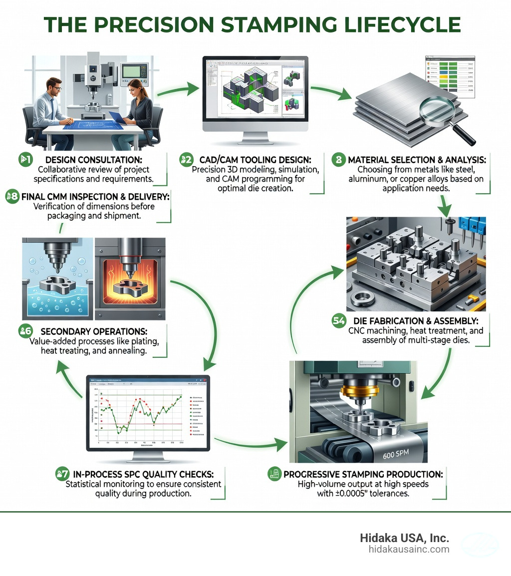 Infographic showing the precision stamping lifecycle from design consultation and CAD/CAM tooling design, through material selection and die fabrication, to progressive stamping production at high SPM speeds, in-process SPC quality checks, secondary operations like plating and heat treating, and final CMM inspection before delivery - High precision stamping services infographic 