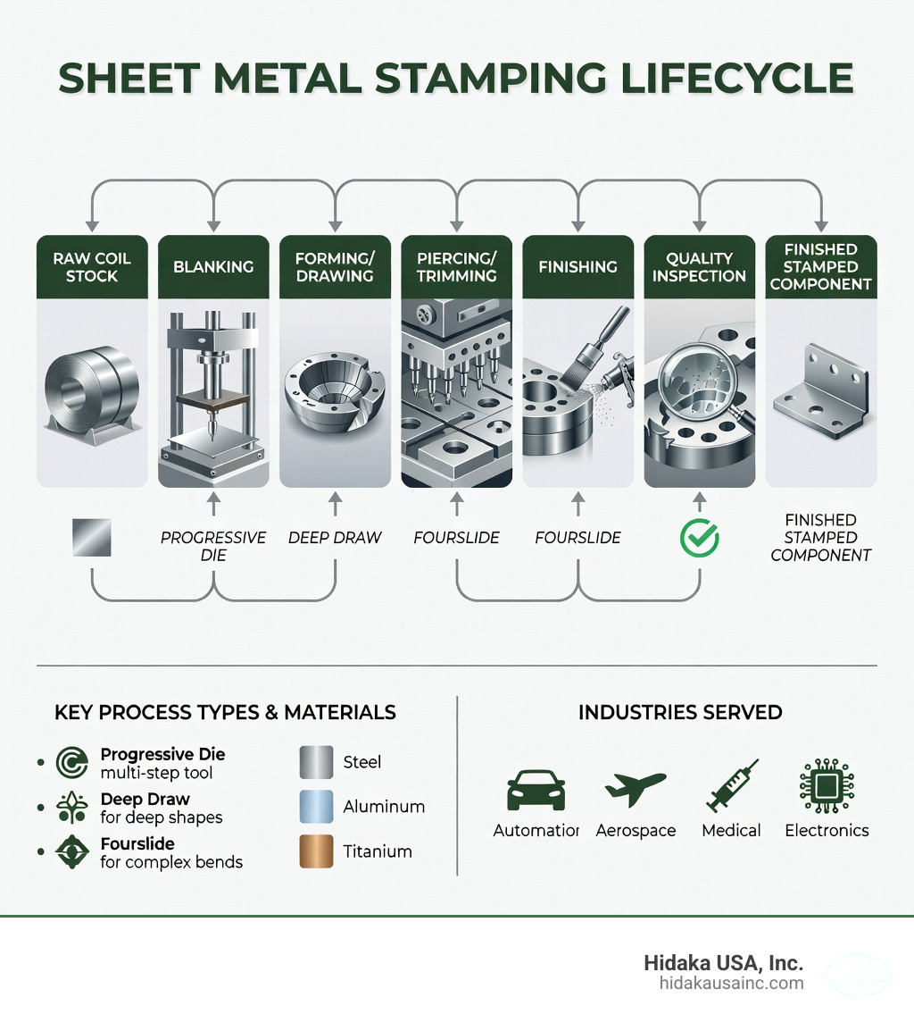 Infographic showing the sheet metal stamping lifecycle: raw coil stock → blanking → forming/drawing → piercing/trimming → finishing (deburring, coating) → quality inspection → finished stamped component, with labels for key process types (progressive die, deep draw, fourslide), common materials (steel, aluminum, titanium), and industries served (automotive, aerospace, medical, electronics) - sheet metal stamping infographic 
