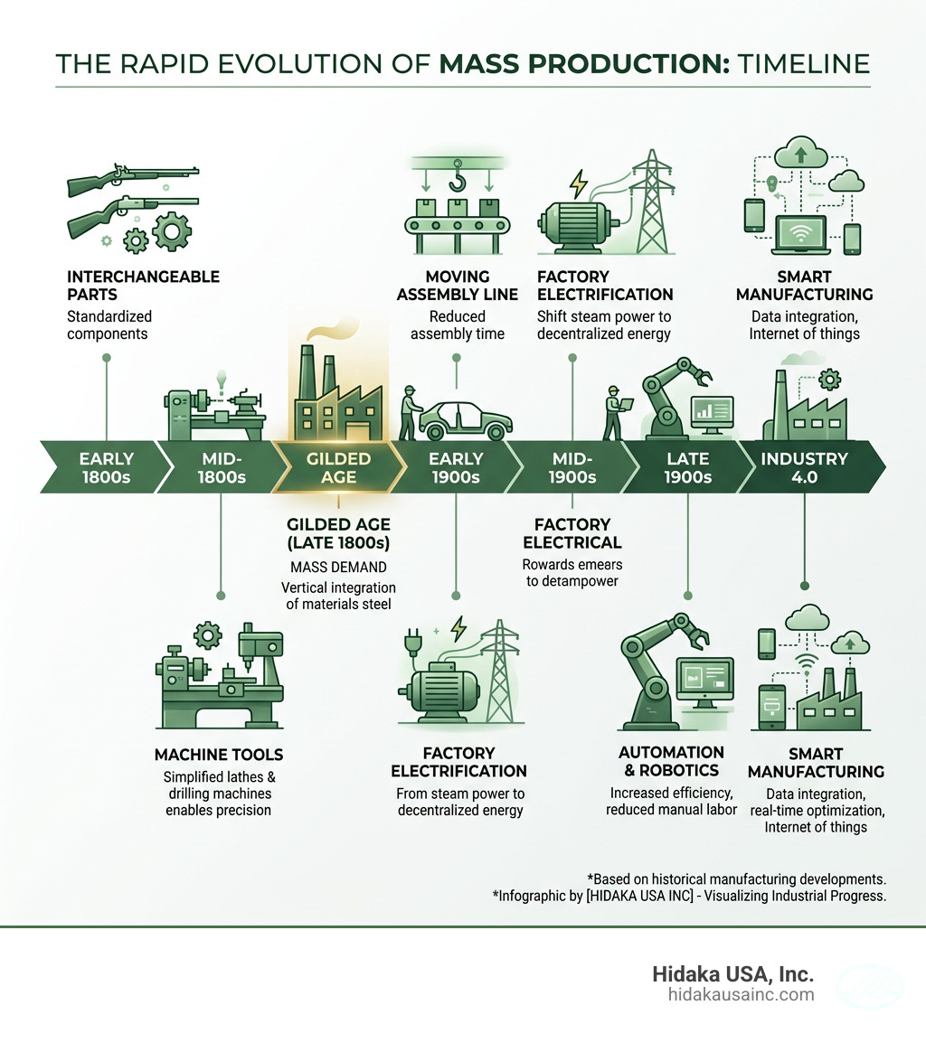 Timeline infographic: key milestones in the rapid development of mass production from 1800s to Industry 4.0 - the system of