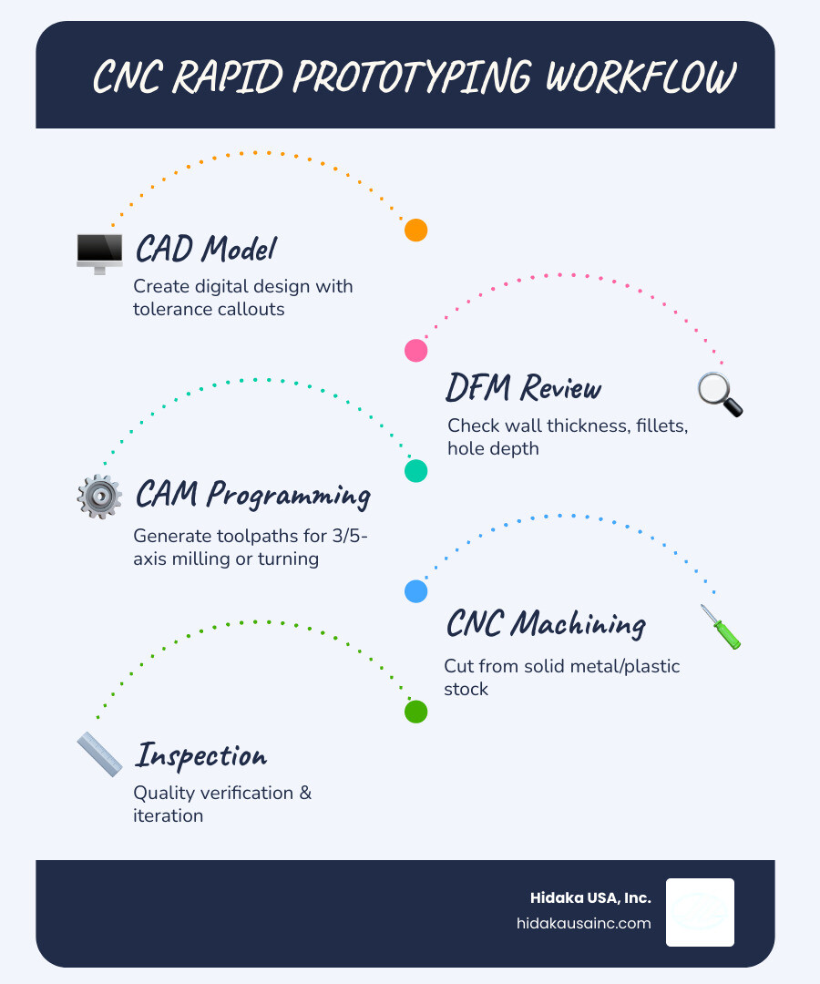Infographic showing the CNC rapid prototyping workflow: Step 1 - CAD Model Creation with tolerance callouts; Step 2 - DFM Review flagging wall thickness, fillets, and hole depth; Step 3 - CAM Programming generating toolpaths for 3-axis or 5-axis milling or CNC turning; Step 4 - CNC Machining from solid metal or plastic stock; Step 5 - Post-Processing including deburring, anodizing, or surface finishing; Step 6 - Inspection and quality verification; Step 7 - Iteration or transition to low-volume production; with typical lead times and tolerance ranges shown at each stage - rapid prototyping cnc machining infographic infographic-line-5-steps-blues-accent_colors