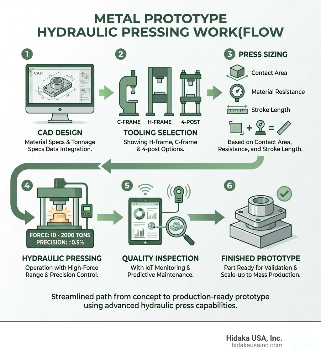 Infographic showing step-by-step metal prototyping workflow: Step 1 CAD Design with material and tonnage specs, Step 2 Tooling Selection showing H-frame C-frame and 4-post options, Step 3 Press Sizing based on contact area material resistance and stroke length, Step 4 Hydraulic Pressing operation with force range 10 to 2000 tons and precision control plus-minus 0.5 percent, Step 5 Quality Inspection with IoT monitoring and predictive maintenance, Step 6 Finished Prototype Part ready for validation and scale-up to mass production - prototype hydraulic press capabilities infographic 