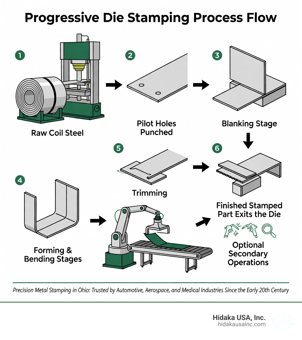 Infographic showing the progressive die stamping process flow: raw coil steel fed into press, pilot holes punched for alignment, blanking stage cuts outer shape, forming and bending stages shape the part, trimming removes excess material, finished stamped part exits the die, optional secondary operations like welding or coating applied, final quality inspection before shipment - precision metal stamping manufacturer Ohio infographic 