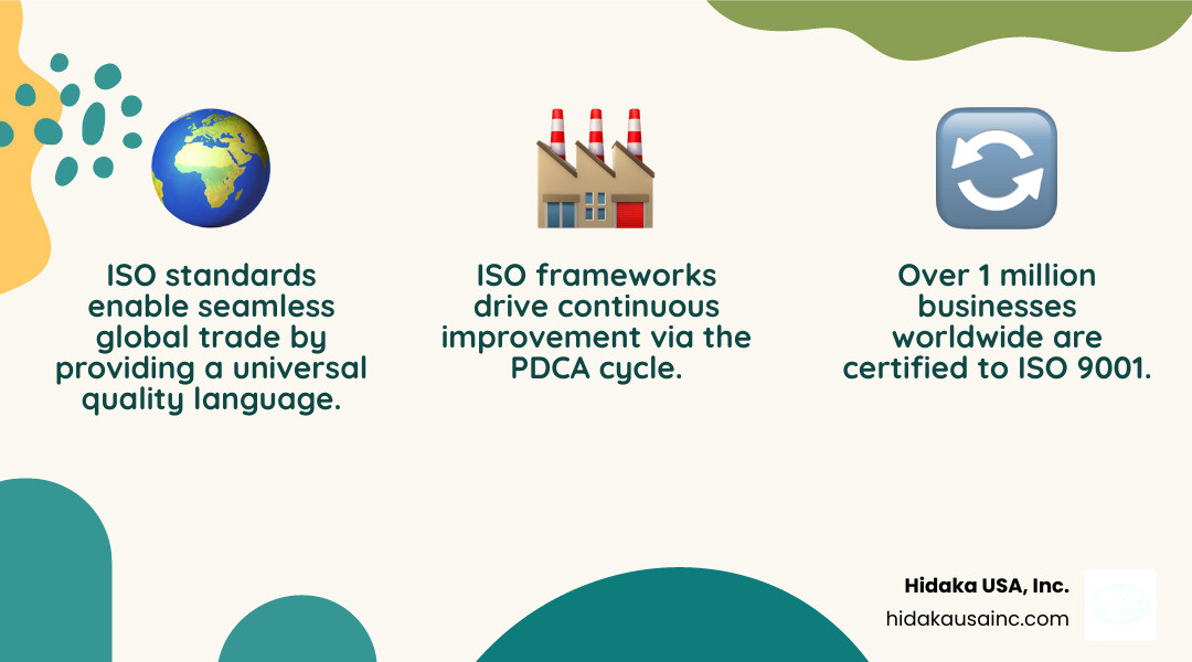 Infographic showing the key ISO quality management standards, their focus areas, the seven quality management principles (customer focus, leadership, engagement of people, process approach, improvement, evidence-based decision making, relationship management), and the PDCA cycle used for continuous improvement in manufacturing organizations - Quality control ISO standards infographic 3_facts_emoji_nature