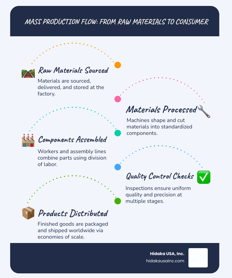Infographic showing the flow of mass production: raw materials sourced and delivered to factory, materials processed and shaped by machines, components assembled on a moving assembly line, quality control checks at multiple stages, finished standardized products packaged, distributed to retailers and consumers worldwide — with labels for key concepts: economies of scale, interchangeable parts, division of labor, automation - mass-produced meaning infographic infographic-line-5-steps-blues-accent_colors Infographic showing the flow of mass production: raw materials sourced and delivered to factory, materials processed and shaped by machines, components assembled on a moving assembly line, quality control checks at multiple stages, finished standardized products packaged, distributed to retailers and consumers worldwide — with labels for key concepts: economies of scale, interchangeable parts, division of labor, automation - mass-produced meaning infographic infographic-line-5-steps-blues-accent_colors