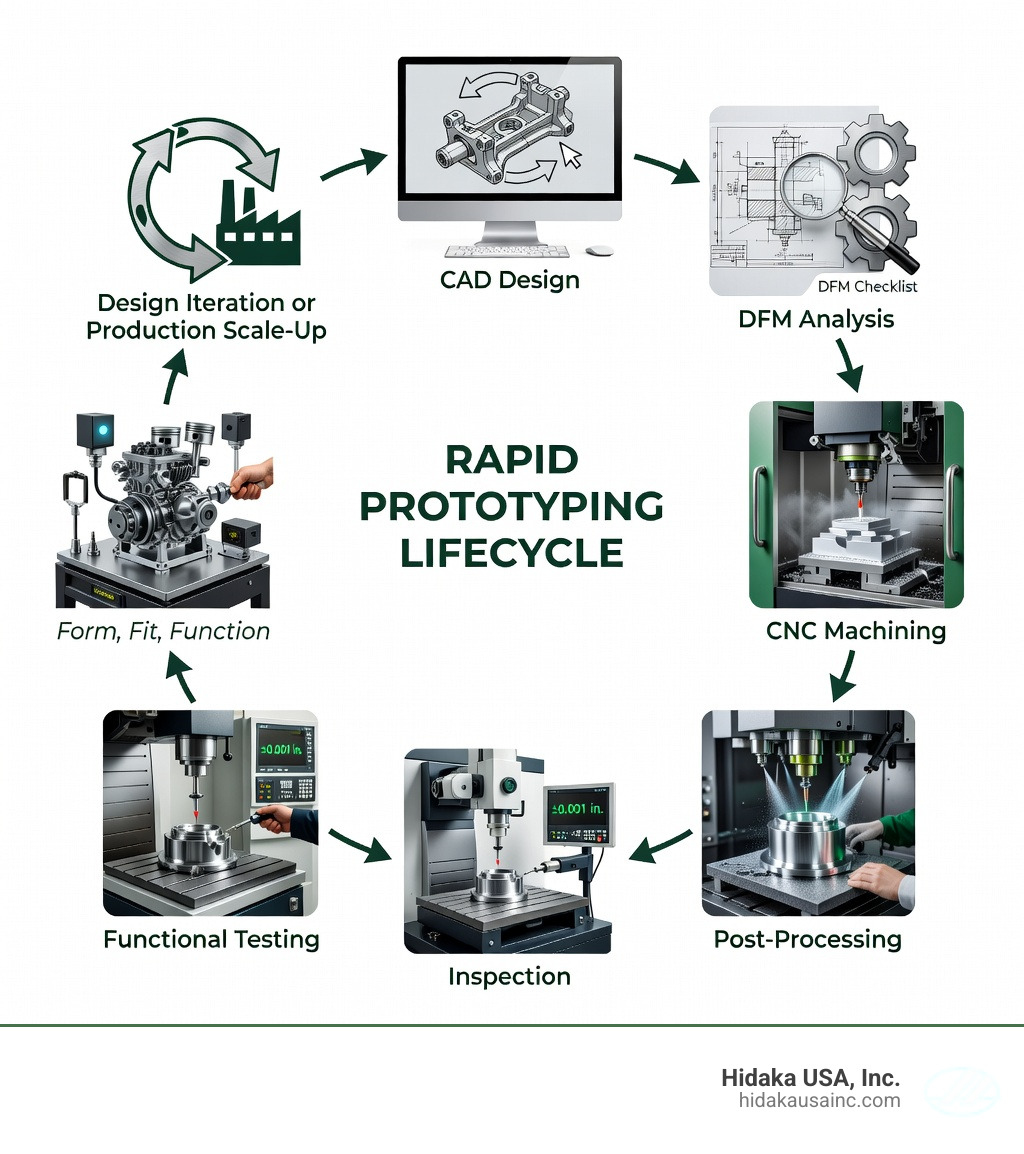 Infographic showing the rapid prototyping lifecycle: Step 1 - CAD Design (engineer creates 3D model); Step 2 - DFM Analysis (design reviewed for manufacturability, tolerances checked); Step 3 - CNC Machining (milling or turning removes material from stock); Step 4 - Post-Processing (finishing, anodizing, or plating applied); Step 5 - Inspection (CMM or hand metrology checks tolerances); Step 6 - Functional Testing (prototype tested for form, fit, and function); Step 7 - Design Iteration or Production Scale-Up - prototype machining infographic Infographic showing the rapid prototyping lifecycle: Step 1 - CAD Design (engineer creates 3D model); Step 2 - DFM Analysis (design reviewed for manufacturability, tolerances checked); Step 3 - CNC Machining (milling or turning removes material from stock); Step 4 - Post-Processing (finishing, anodizing, or plating applied); Step 5 - Inspection (CMM or hand metrology checks tolerances); Step 6 - Functional Testing (prototype tested for form, fit, and function); Step 7 - Design Iteration or Production Scale-Up - prototype machining infographic