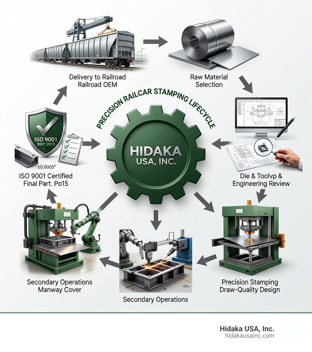 Infographic showing the railcar stamping lifecycle: raw material selection (steel, aluminum, stainless) → die and tooling design → prototype and engineering review → precision stamping (progressive or deep draw) → secondary operations (laser cutting, robotic welding, wire EDM) → quality inspection (tolerances ±0.0005") → ISO 9001 certified final part → delivery to railroad OEM - Precision railcar stamping infographic Infographic showing the railcar stamping lifecycle: raw material selection (steel, aluminum, stainless) → die and tooling design → prototype and engineering review → precision stamping (progressive or deep draw) → secondary operations (laser cutting, robotic welding, wire EDM) → quality inspection (tolerances ±0.0005") → ISO 9001 certified final part → delivery to railroad OEM - Precision railcar stamping infographic